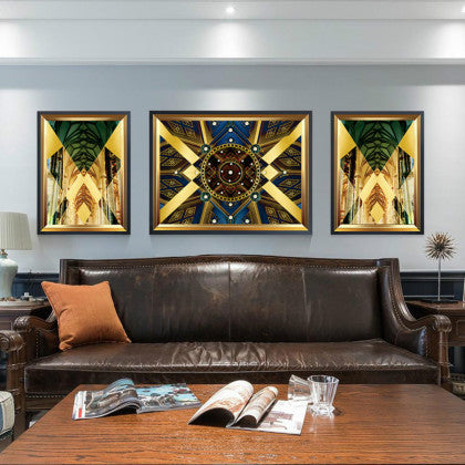 Luxurious golden living room with hanging paintings