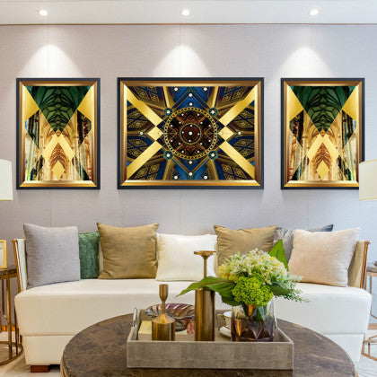Luxurious golden living room with hanging paintings