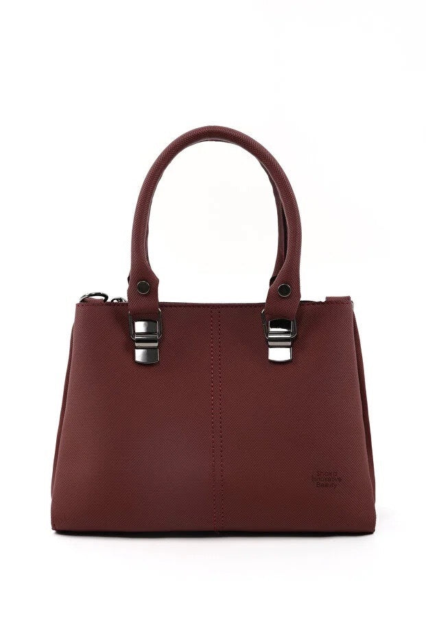 Brown Faux Leather Zippered Handbag With 3 Compartments Adjustable Strap Hand Arm And Shoulder Bag